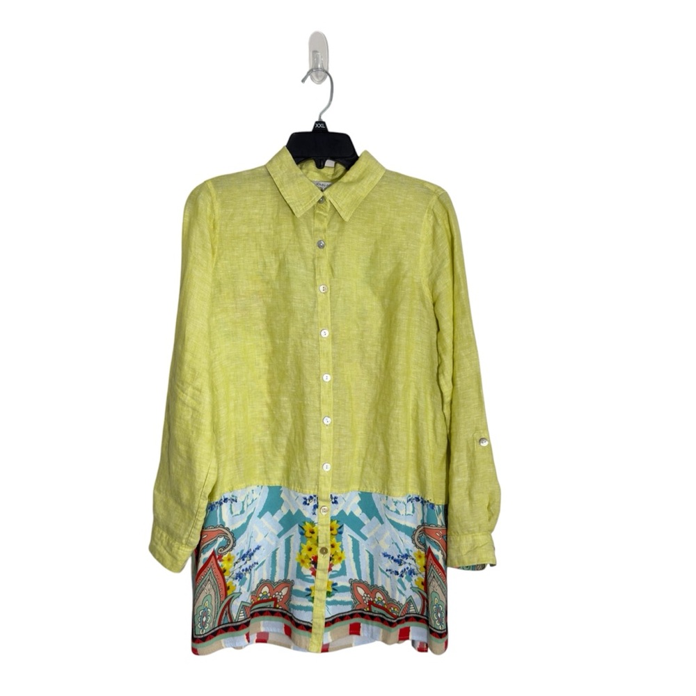 John‎ Mark Tunic Small Lagenlook Linen Blend Roll Tab Sleeve Graphic Back